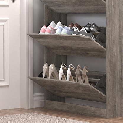 BORNOON Shoe Cabinet with 3 Flip Drawers & Coat Rack, Narrow Hidden Shoe Storage Cabinet, 2-in-1 Hall Tree Slim Freestanding Shoe Rack Organizer for Entryway, Hallway, and Living Room