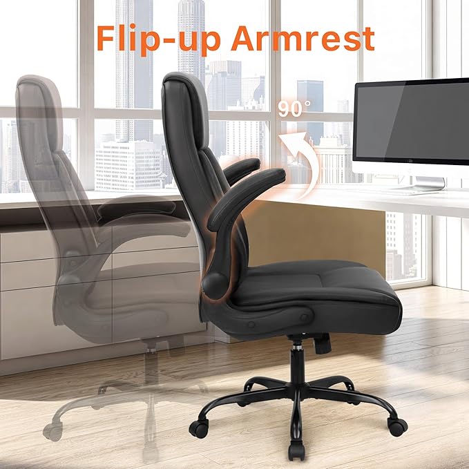 NEO Chair Ergonomic Office Chair Executive Computer Desk Chair Gaming High Back Support Comfy Seat Flip-up Arms Adjustable Height Swivel Rolling Wheels PU Leather for Home (Dark Black)