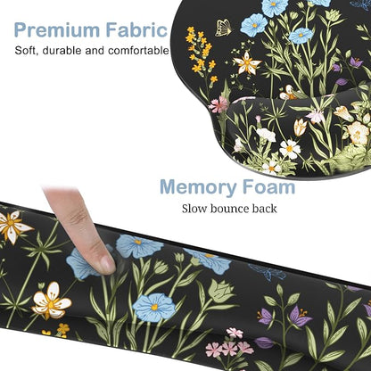 Ergonomic Mouse Pad with Wrist Rest and Keyboard Wrist Rest, Memory Foam Wrist Rest for Computer Keyboard, Easy Typing, Pain Relief, Black Mouse Pad Wrist Support for Gaming,Office, Laptop, Floral