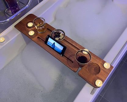 Handmade Wooden Bathtub Tray - 3 Different Size Options - Rustic Structure - Water Insulator - Bath Tray Caddy with Wine Glass Holder (36", NATURAL MAHOGANY)