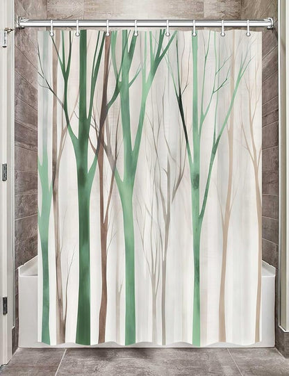 MERCHR Brown Green Tree Fabric Shower Curtain, Art Style Abstract Birch Forest Rustic Wood Polyester Fabric Waterproof Bath Curtain, Farmhouse Bathroom Shower Curtains with Hooks 72X72 Inch
