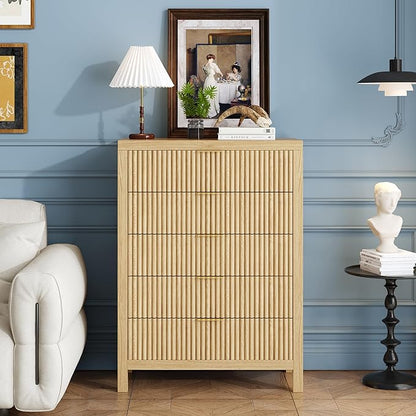 5 Drawer Dresser, 43" Tall Dresser Organizer TV Drawer Cabinet Modern Wood Storage Cabinet, Modern Wood Storage Cabinet for Bedroom, Hallway, Entryway, Natural X 2
