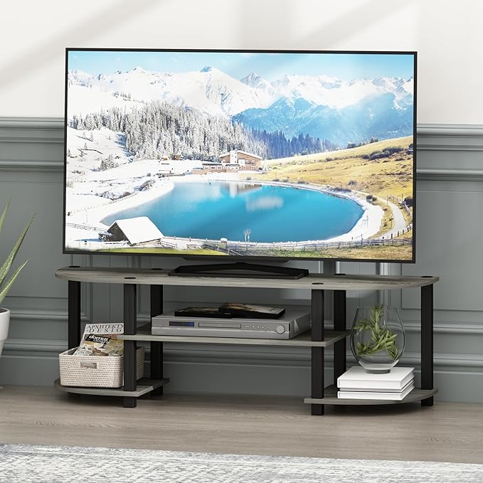 Furinno Turn-S-Tube Toolless Assembly TV Stand for TV up to 55 Inch, 3-Tier Grey Entertainment Center, TV Console for Living Room, Bedroom, Home Office, Grey Oak
