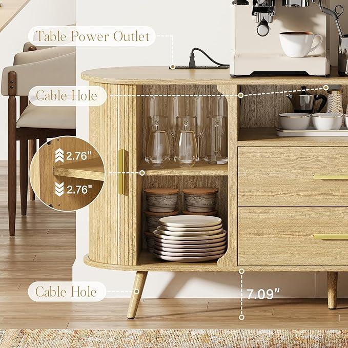 60" Sideboard Buffet Cabinet with Storage, Sliding Door & Adjustable Shelf, Modern Credenza with 2 Drawer, Accent Sideboard Coffee Bar Console Table for Kitchen, Entryway and Living Room