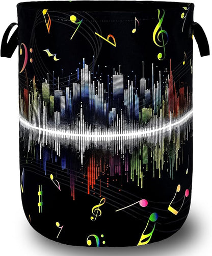 Colorful Music Notes Laundry Basket Music Laundry Hamper Foldable Oxford Cloth Funny Tote Bag Clothes Toy Storage Bucket For Bathroom/Laundry Storage/Bedroom 18.9 x 16.5 Inch