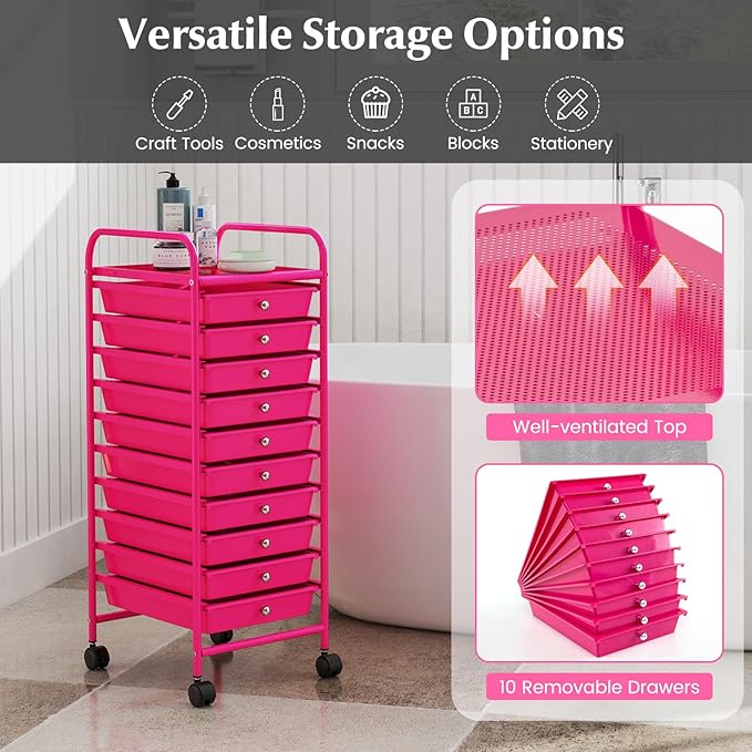 RELAX4LIFE 10 Drawer Rolling Cart - Slim Storage Cart w/Lockable Wheels for Classroom School Teacher Office, Art Supplies Paper Scrapbook Craft Organizers, Utility Cart with Drawers (Pink)