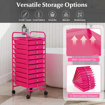 RELAX4LIFE 10 Drawer Rolling Cart - Slim Storage Cart w/Lockable Wheels for Classroom School Teacher Office, Art Supplies Paper Scrapbook Craft Organizers, Utility Cart with Drawers (Pink)