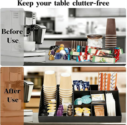SZQINJI Coffee Condiment Organizer Holder 10-Compartment Break Room Coffee Condiment Caddy Cup Storage Holder Black