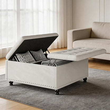 FUXA 35 Inch Large Square Ottoman with Storage, Oversized Ottoman Coffee Table with Lift Top and Wood Legs, Tufted Upholstered Storage Ottoman Bench for Living Room (Beige)