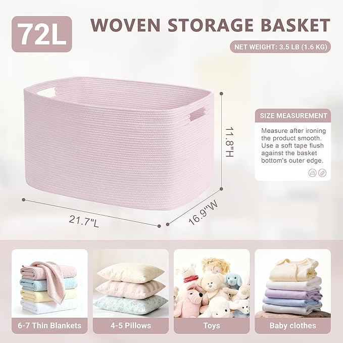 SunNewt 72L Large Baby Girls Laundry Basket for Nursery Storage,Cute Woven cotton Rope Baskets for Kids Toy，Gifts, Boho Square Wicker Blanket hamper for Living Room,Bedroom Dirty Clothes,Pink