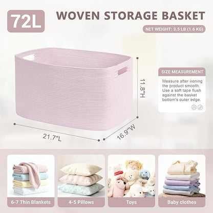 SunNewt 72L Large Baby Girls Laundry Basket for Nursery Storage,Cute Woven cotton Rope Baskets for Kids Toy，Gifts, Boho Square Wicker Blanket hamper for Living Room,Bedroom Dirty Clothes,Pink