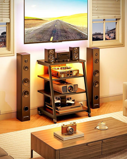 CHOEZON 4-Tier AV Media Stand with Wheels, Stereo Stands, Media Console Shelf with Power Strips, LED Lights, Wooden Audio Cabinet Rack Tower for Record Player/Apple TV/ps4, Black TCJ60UDBB