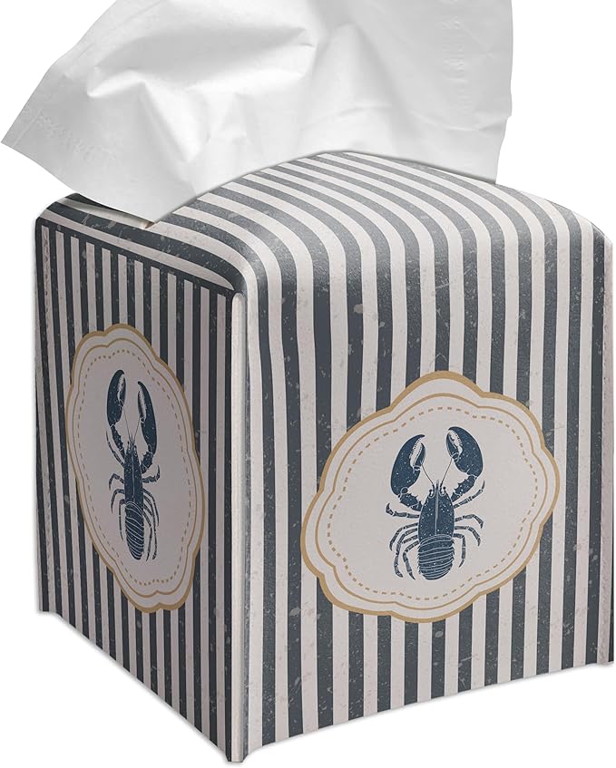 Grace Yonks Cute Coastal Lobster Tissue Box Cover Square, Kitchen Striped Cube Case for Facial Tissues, 5.2" PU Leather(070)