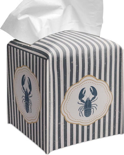 Grace Yonks Cute Coastal Lobster Tissue Box Cover Square, Kitchen Striped Cube Case for Facial Tissues, 5.2" PU Leather(070)