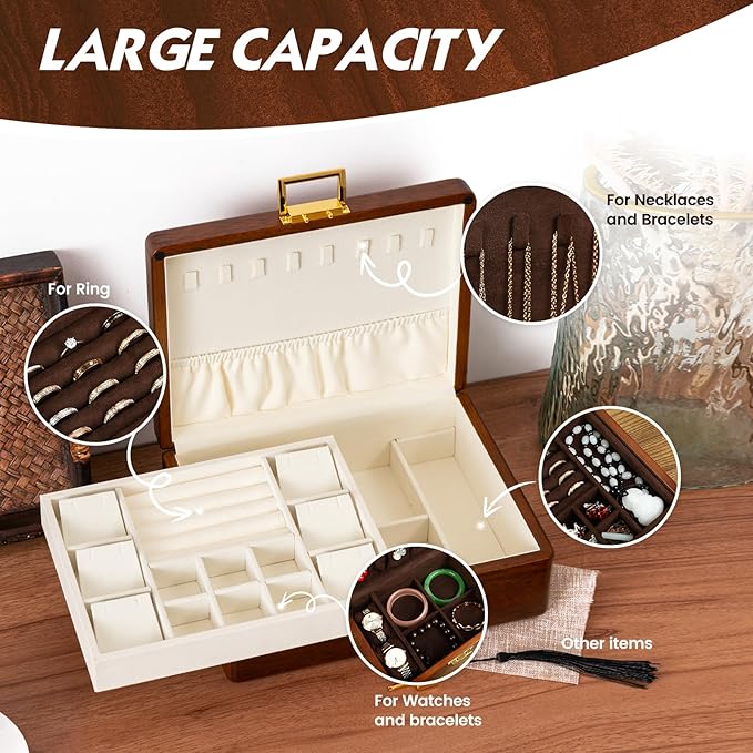 Solid Walnut Wood Jewelry Box with Lock,2 Layer Velvet Wood Jewelry Organizer Storage Lined for Earrings Rings Necklaces Bracelets Cufflink Gift Idea for Men Women, Beige