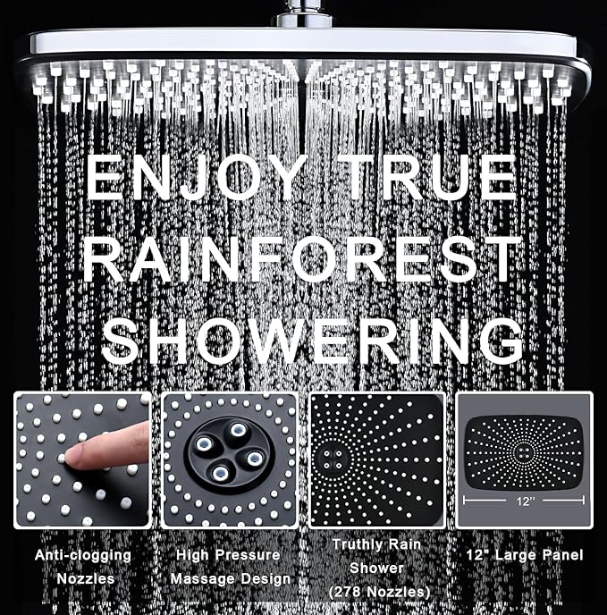BOZYBO Rain Shower Head with Handheld: High Pressure Shower Heads with Handheld Spray Combo, 12" Rainfall Shower Head and 9 Sprays Hand Showerheads with Magnetic Docking and Power Jets, Chrome 1.8GPM