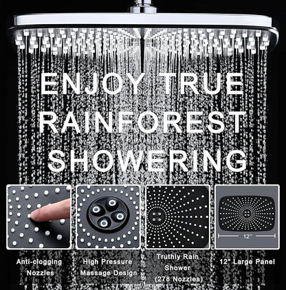 BOZYBO Rain Shower Head with Handheld: High Pressure Shower Heads with Handheld Spray Combo, 12" Rainfall Shower Head and 9 Sprays Hand Showerheads with Magnetic Docking and Power Jets, Chrome 1.8GPM