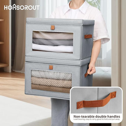 Homsorout Large Closet Storage Bins - Collapsible Storage Bins with Handles & Window, Fabric Cube Organizer with Lids, Decorative Boxes for Living Room, Closet, Dorm, 6 Pack, Grey
