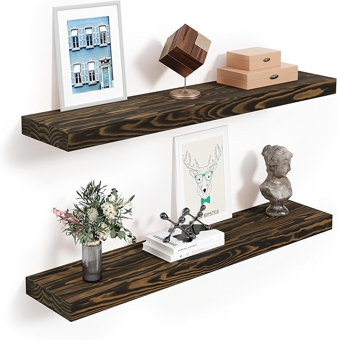 Howizz 24'' Pine Wood Floating Shelves for Wall- Set of 2 - Rustic Wall Mounted Wooden Shelf for Stylish Home Décor (Dark Brown, 24x6.5x1.25), 2pcs