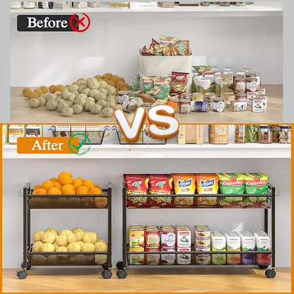 3IngSeagulls 2-Tier Expandable Rolling Pantry Floor Organizer, Stackable Pantry Storage Cart with Wheels, Kitchen Fruit and Vegetable Storage Rack for Onion, Potato, Food, Snacks