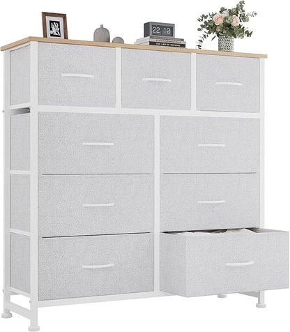 OLIXIS 9 Drawer Storage Dresser with Wood Top - Wide Fabric Chest Organizer for Bedroom, Closet, Living Room,Tower Cabinet, TV Stand, Hallway Entryway Furniture,Light Grey