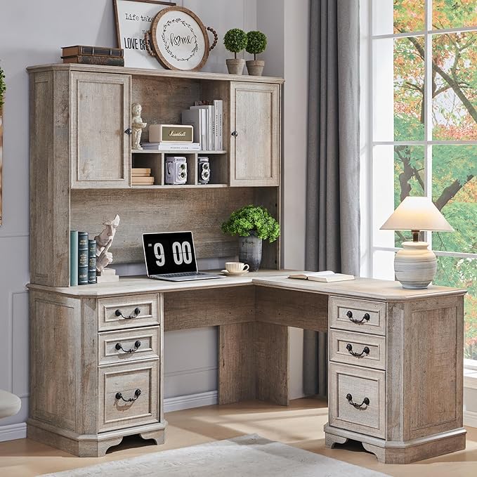 T4TREAM 59" Executive L Shaped Desk with Hutch,Victorian Wood Computer Desk, Featuring Charging Station,File Drawer, Storage Cabinet,for Home Office Work and Study (Light Rustic Oak)