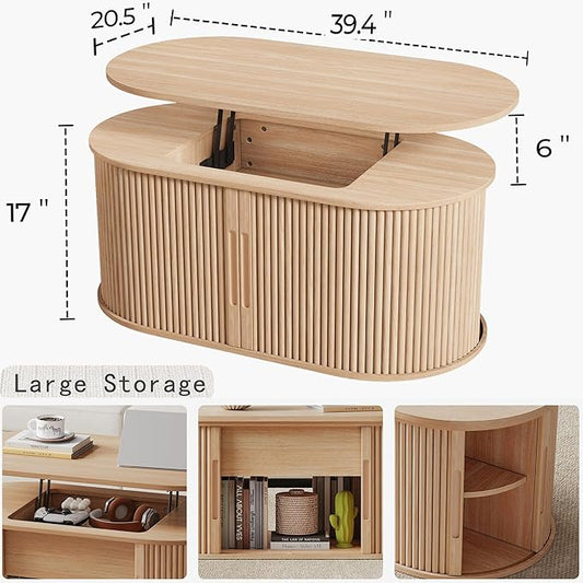 LINSY Lift Top Coffee Table, Oval Fluted Coffee Table with Storage, Boho Wooden Coffee Tables with Sliding Tambour Door, 39" Center Table for Living Room, Office, Small Space, Natural Oak
