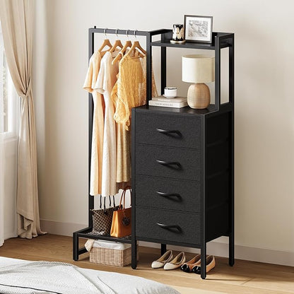 Yoobure Black Dresser with Hanging Rack - Small Closet with 4 Fabric Storage Drawers, 44" H Dresser with Clothes Rack, Chest of Drawer, Kids Dressers for Bedroom, Entryway, Living Room, Sturdy Frame