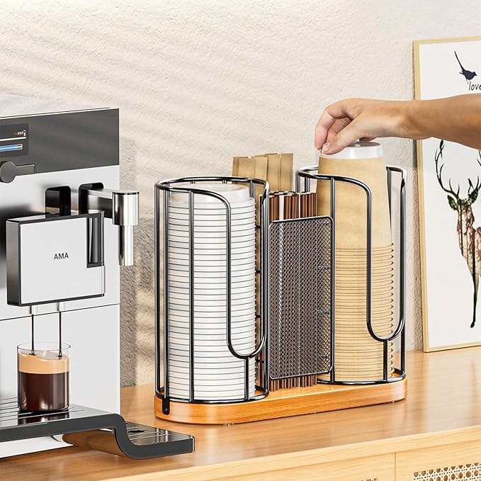 Coffee Cup and Lids Holder - Disposable Cups Straws Organizer with Wooden Base - Paper Plastic Cup Holder Dispenser Storage for Countertop Coffee Station Bar Restaurant Office Breakroom Shop Kitchen