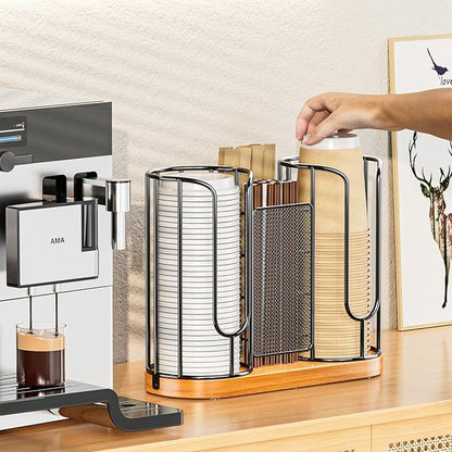 Coffee Cup and Lids Holder - Disposable Cups Straws Organizer with Wooden Base - Paper Plastic Cup Holder Dispenser Storage for Countertop Coffee Station Bar Restaurant Office Breakroom Shop Kitchen