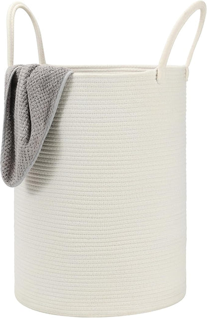 58L Cotton Rope Laundry Basket (20"x15"),Woven Basket for Storage Dirty Clothes Basket for Laundry, Living Room, Nursery, Bedroom Rope Storage Basket for Blankets（White）