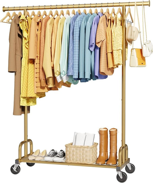 Sakugi Clothes Rack - Large-Capacity Clothing Racks for Hanging Clothes with Lockable Wheels, Space-Saving Metal Coat Rack for Bedroom, Laundry Room, Entryway, 45.6" x 16.9" x 59", Gold