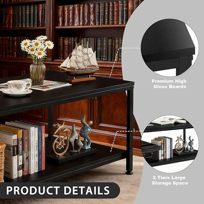 SUPER DEAL 2-Tier Industrial Coffee Table with Storage Shelf for Small Apartment Living Room, Rectangle Wood and Stable Metal TV Stand Side End Table, Black