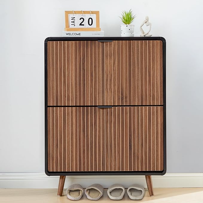 Fluted Shoe Cabinet Storage for Entryway,Slim Shoe Cabinet with 2 Flip Drawers, Narrow Shoes Rack Organizer (All Walnut, 2 Drawers)