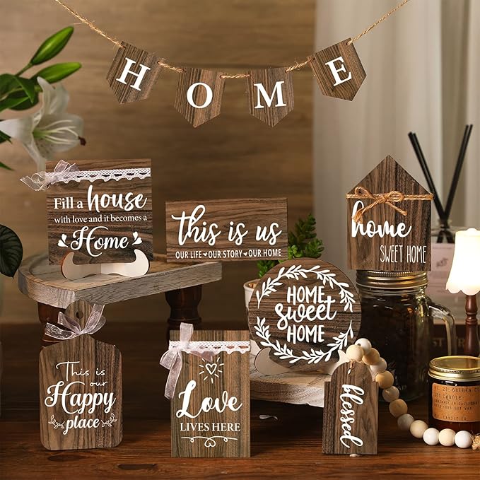 11 Pcs Home Tiered Tray Decor Sweet Home Rustic Farmhouse Tiered Tray Decorations Set Spring Wooden Signs Vintage Farm Animal Farmhouse Tabletop Wood Signs for Kitchen Table Shelf Decor