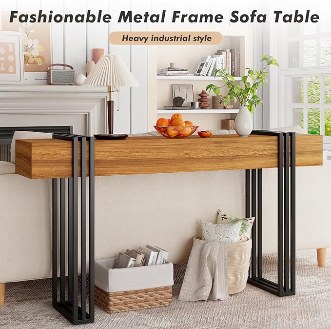 63 Inch Long Console Table, Industrial Sofa Table Behind The Couch Rectangular Entryway Table for Entrance Hallway Living Room, Rustic Brown
