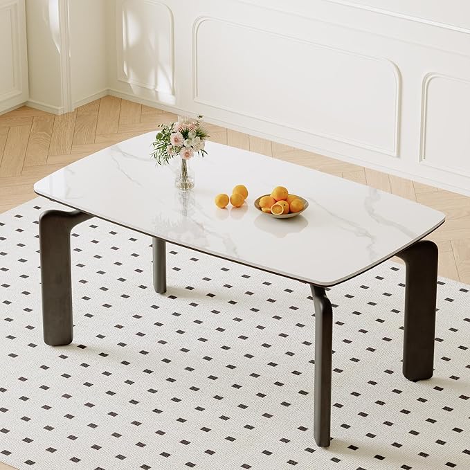 59'' Modern Dining Table, Sintered Stone Dining Table, Rectangular Slate Patio Table with Metal Legs, Indoor-Outdoor Ceramics Table for Patio, Backyard, Scratch and Heat Resistant