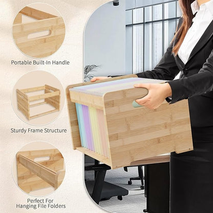 LONTAI Bamboo Hanging File Organizer, Office Desk File Organizer for Letter Size, Wood Hanging File Folders Organizer Record Holder Storage Stand Bookshelf Easy Assembly, Natural