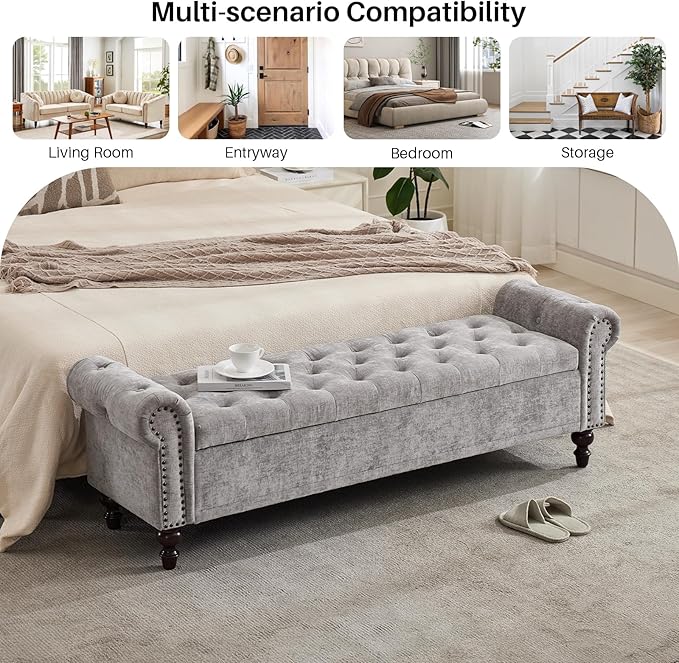 Storage Bench for Bedroom, 67" End of Bed Bench King Size, Upholstered Chenille Storage Ottoman with Tufted Cushioned Rolled Arm Large Storage Space for Living Room Entryway, Light Grey