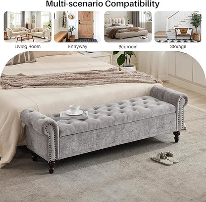 Storage Bench for Bedroom, 67" End of Bed Bench King Size, Upholstered Chenille Storage Ottoman with Tufted Cushioned Rolled Arm Large Storage Space for Living Room Entryway, Light Grey