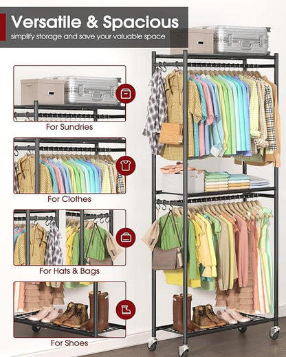 Sakugi Clothes Rack - 33.0" x 12.2" x 79.5" Clothing Rack with Shelves & Wheels, Multi-Functional Wardrobe Closet with Hooks, Sturdy Metal Garment Rack for Bedroom, Laundry, Balcony (Black)