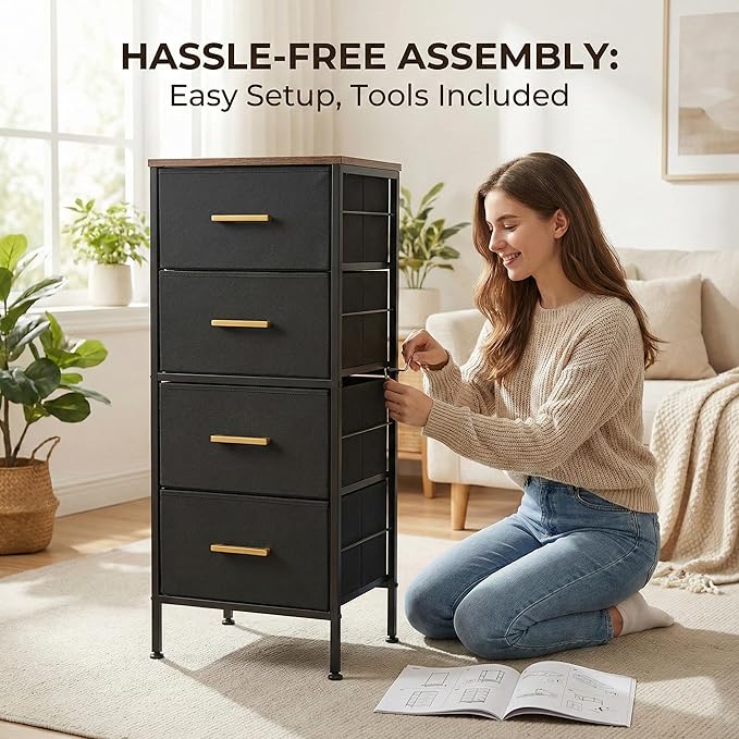 Dresser with Hanging Rack & CFR Certification, Reversible Black Dresser for Bedroom, Kids Chest of Fabric Drawers with Clothes Rack, Small Closet Organizer with Drawers, 44''H
