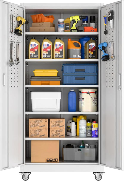 Reemoon71 H×32" W×16" D Metal Storage Cabinet with 5 Adjustable Shelves and Pegboard,Metal Garage Storage Cabinet with Wheels for Garage Home Office Utility Room,Required Assembly,White