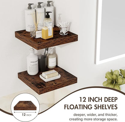 Acovy 12 Inch Floating Shelves, 12" Deep Floating Shelf Wall Mounted, 12" Wall Shelves, Rustic Deep Bookshelf, Extra Deeper Display Shelves & Storage Shelves for Bedroom, Living Room, Set of 3