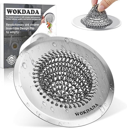 Revolutionary Kitchen Sink Drain Strainer/Patented Reversible Chain Mesh, Effortless Cleaning & Debris Catcher, Large Capacity, Anti-Clog, 304 Stainless Steel & Rust-Proof/Handmade