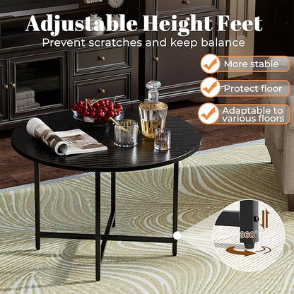 Round Coffee Table, Small Coffee Tables for Living Room, Wood Coffee Table with Metal Frame, Floor Table Desk for Sitting on The Floor, Home, Office, Farmhouse, Black (23.6" D x 17.7" H)