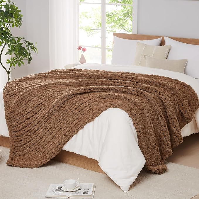L'AGRATY Chunky Knit Blanket Throw: 50''x60'' Chenille Chunky Knitted Throw Blankets for Bed Couch - Handmade Thick Big Cable Knit Blanket - Large Crochet Rope Blankets for Home Decor(Brown)
