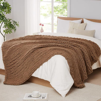 L'AGRATY Chunky Knit Blanket Throw: 50''x60'' Chenille Chunky Knitted Throw Blankets for Bed Couch - Handmade Thick Big Cable Knit Blanket - Large Crochet Rope Blankets for Home Decor(Brown)