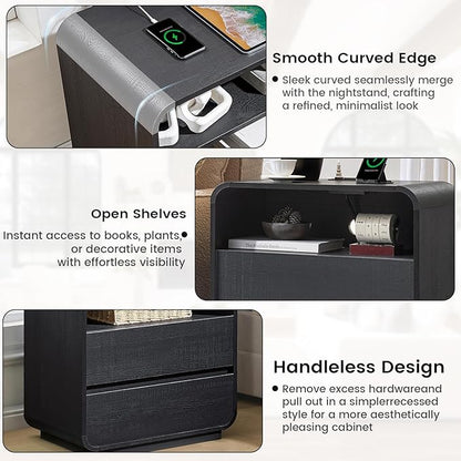 Black Nightstand Set of 2 with Charging Station, 25" Tall Wood Bedside Table, Modern Night Stand with 2 Storage Drawers, Curved Profile, Handleless, Modern End Table for Bedroom