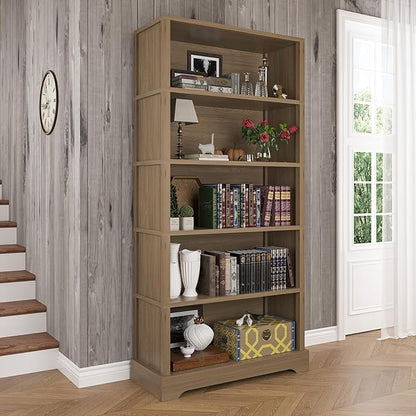 TVU 5-Tier Wooden Bookshelf, 65" Tall Farmhouse Style Open Bookcase, 31.5" W Standing Book Shelf with Storage, Suitable for Study, Living Room, Office, Teak